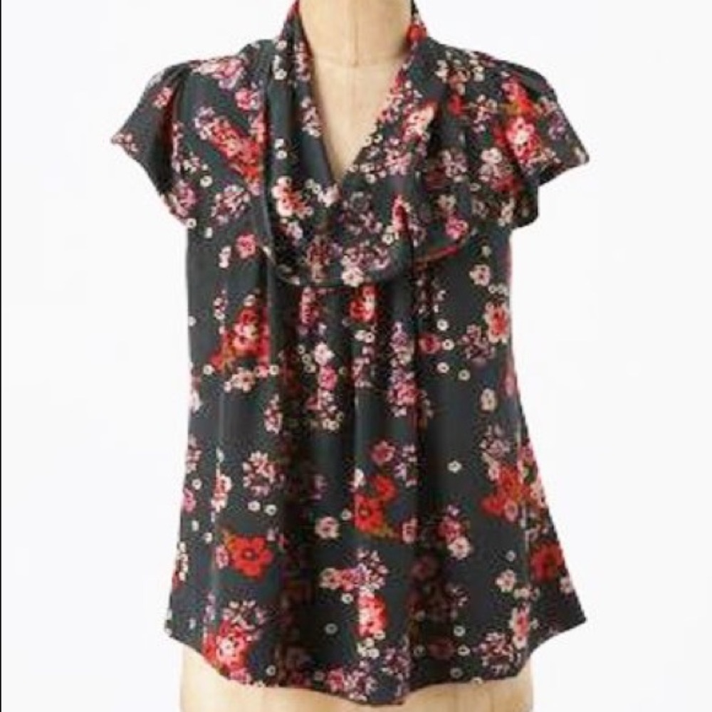 Anthropologie Black Floral Cowl-Neck Blouse with Red and Pink Flowers